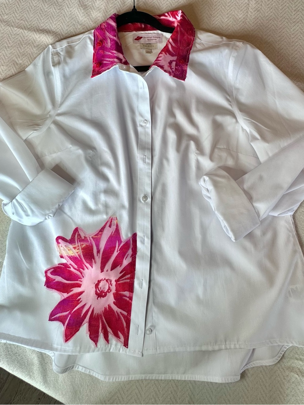 Upcycled White Shirt with Bright Red and Yellow See-Through Floral Trim